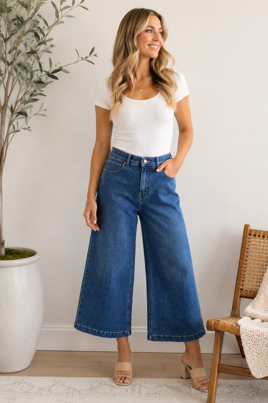 Soft Surroundings Classic Wash Wide Leg Culotte Crop High Rise Jeans Size 10